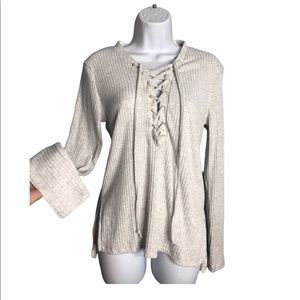 Poof | Oatmeal Lace Up Ribbed Long Sleeve Shirt